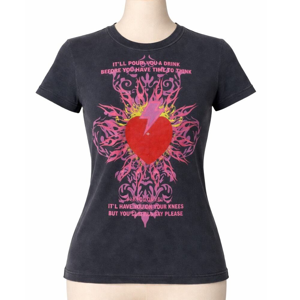 VNTG Ted Baker Graphic Tee Womens Size 4(L) Black Heart Lightning Shirt Designer